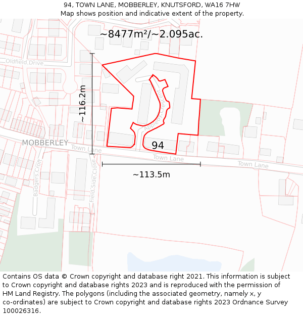 94, TOWN LANE, MOBBERLEY, KNUTSFORD, WA16 7HW: Plot and title map