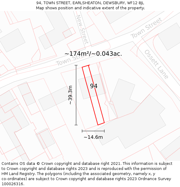 94, TOWN STREET, EARLSHEATON, DEWSBURY, WF12 8JL: Plot and title map