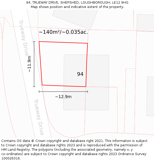 94, TRUEWAY DRIVE, SHEPSHED, LOUGHBOROUGH, LE12 9HG: Plot and title map