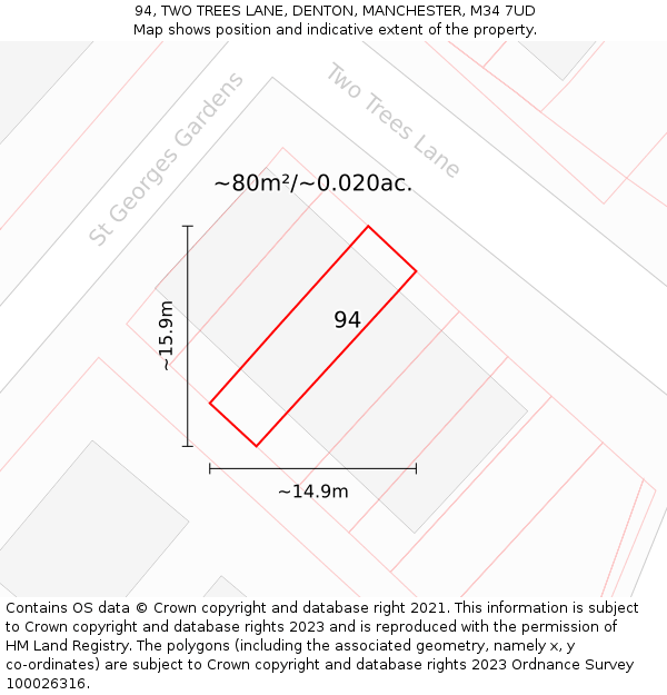 94, TWO TREES LANE, DENTON, MANCHESTER, M34 7UD: Plot and title map