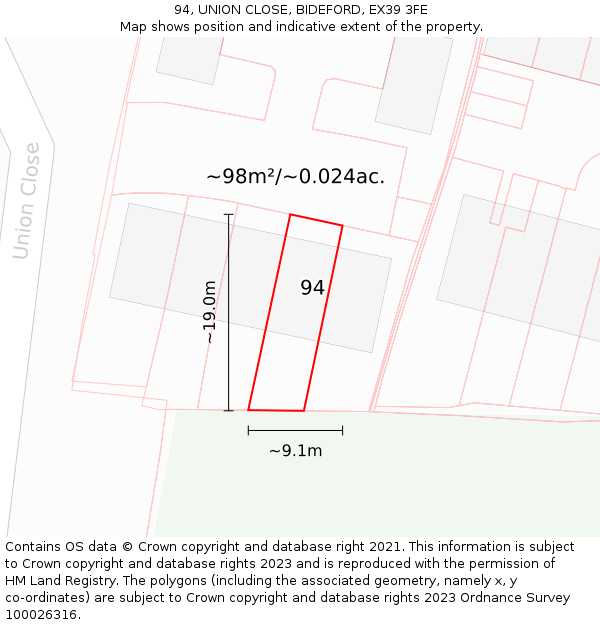 94, UNION CLOSE, BIDEFORD, EX39 3FE: Plot and title map