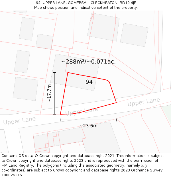 94, UPPER LANE, GOMERSAL, CLECKHEATON, BD19 4JF: Plot and title map
