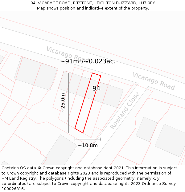 94, VICARAGE ROAD, PITSTONE, LEIGHTON BUZZARD, LU7 9EY: Plot and title map