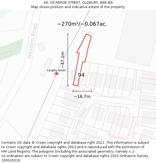 94, VICARAGE STREET, OLDBURY, B68 8JS: Plot and title map