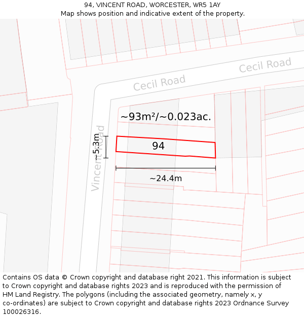 94, VINCENT ROAD, WORCESTER, WR5 1AY: Plot and title map