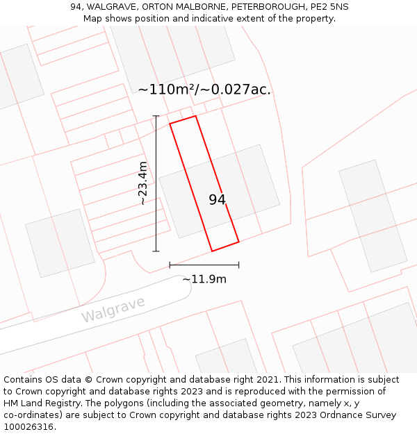 94, WALGRAVE, ORTON MALBORNE, PETERBOROUGH, PE2 5NS: Plot and title map