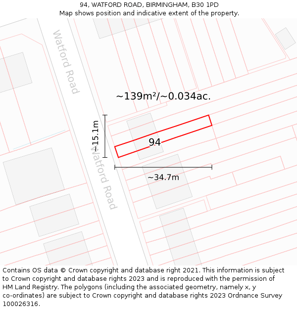 94, WATFORD ROAD, BIRMINGHAM, B30 1PD: Plot and title map