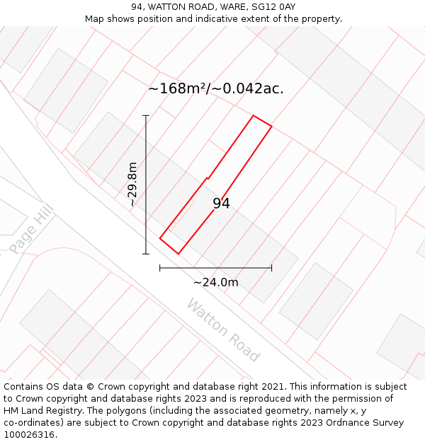 94, WATTON ROAD, WARE, SG12 0AY: Plot and title map