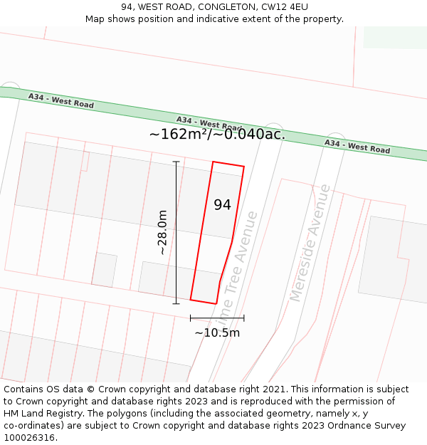94, WEST ROAD, CONGLETON, CW12 4EU: Plot and title map