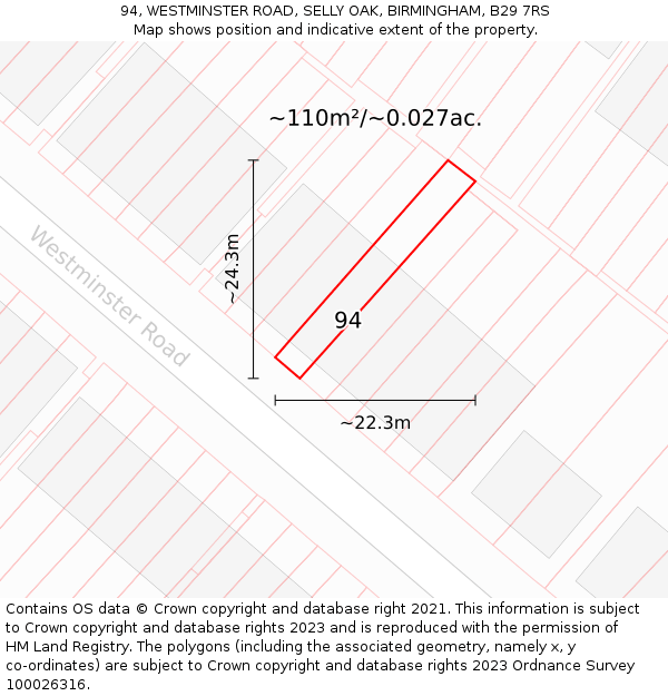 94, WESTMINSTER ROAD, SELLY OAK, BIRMINGHAM, B29 7RS: Plot and title map