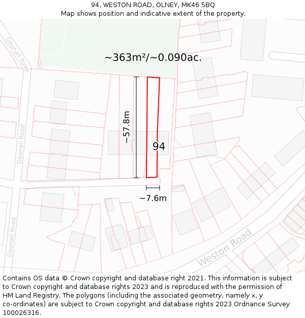 94, WESTON ROAD, OLNEY, MK46 5BQ: Plot and title map