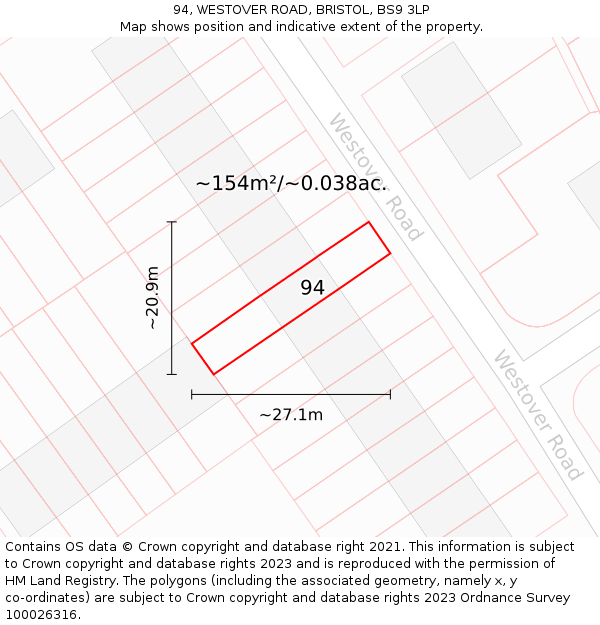 94, WESTOVER ROAD, BRISTOL, BS9 3LP: Plot and title map