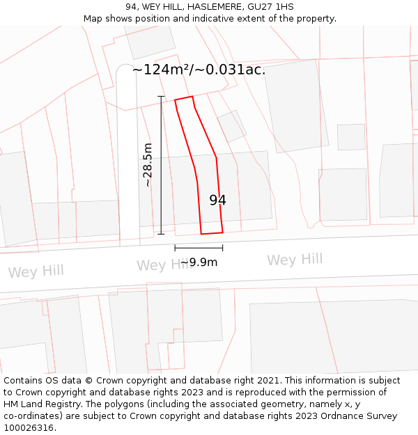 94, WEY HILL, HASLEMERE, GU27 1HS: Plot and title map