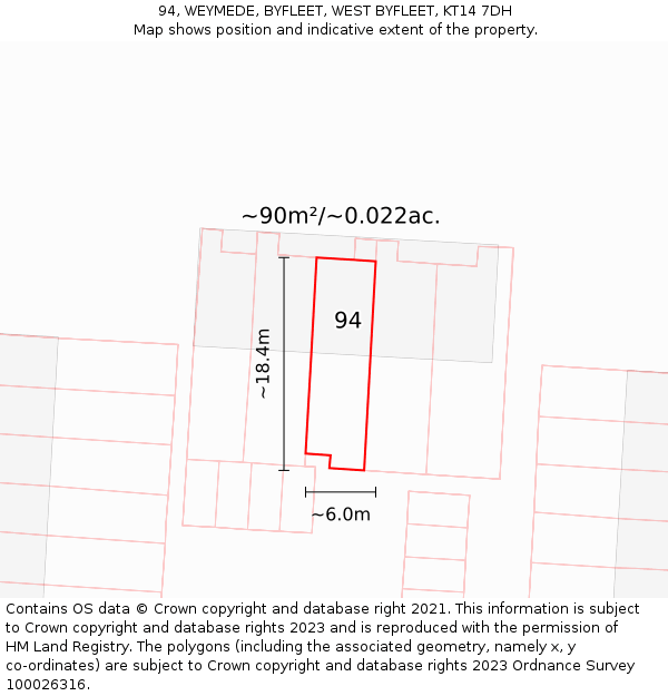 94, WEYMEDE, BYFLEET, WEST BYFLEET, KT14 7DH: Plot and title map