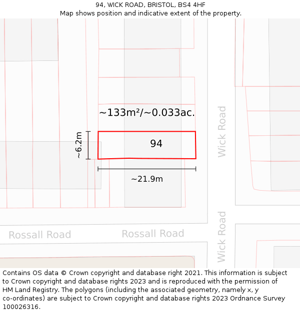 94, WICK ROAD, BRISTOL, BS4 4HF: Plot and title map