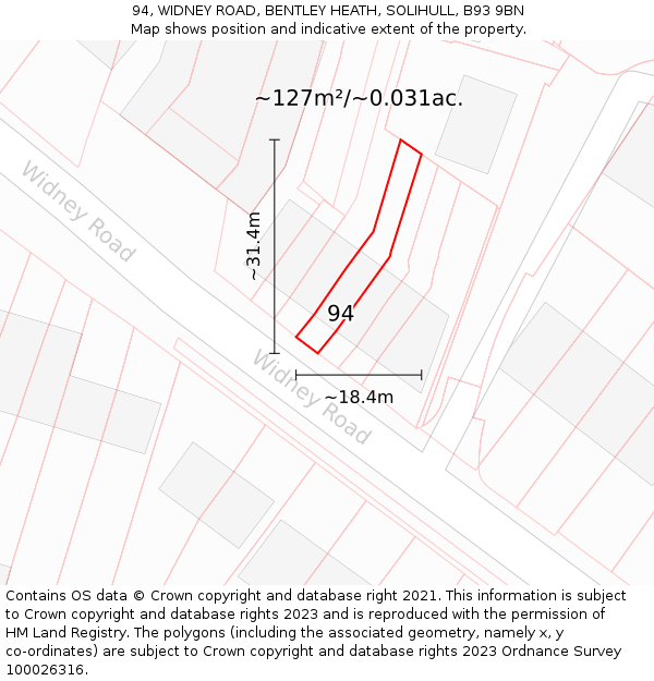 94, WIDNEY ROAD, BENTLEY HEATH, SOLIHULL, B93 9BN: Plot and title map