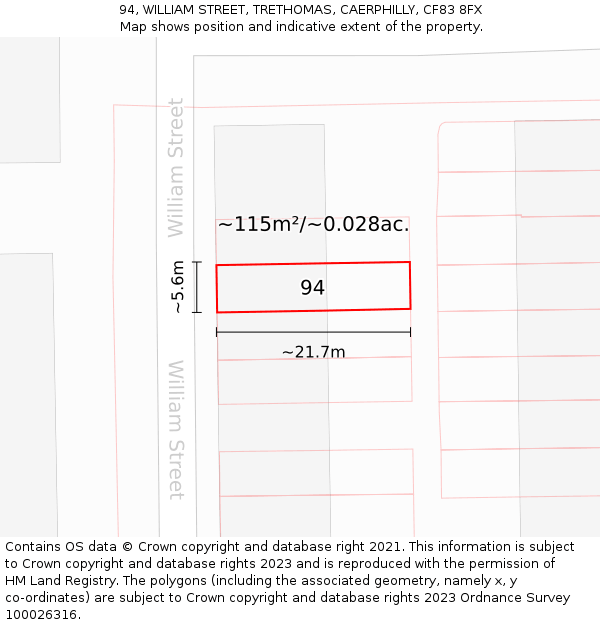 94, WILLIAM STREET, TRETHOMAS, CAERPHILLY, CF83 8FX: Plot and title map