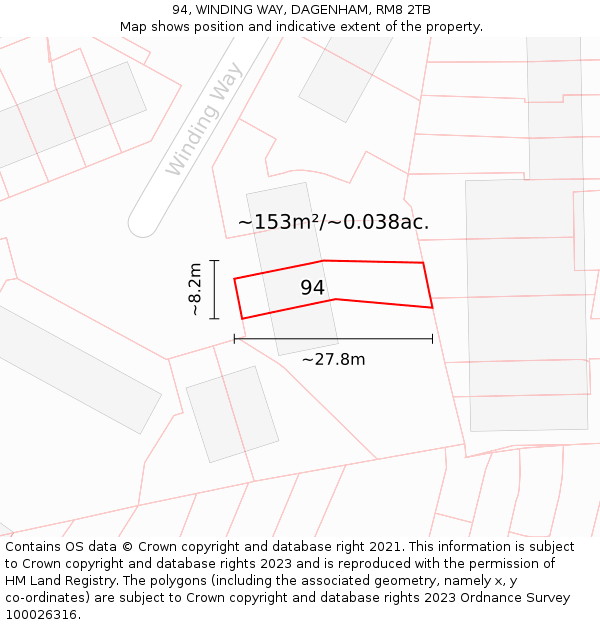 94, WINDING WAY, DAGENHAM, RM8 2TB: Plot and title map