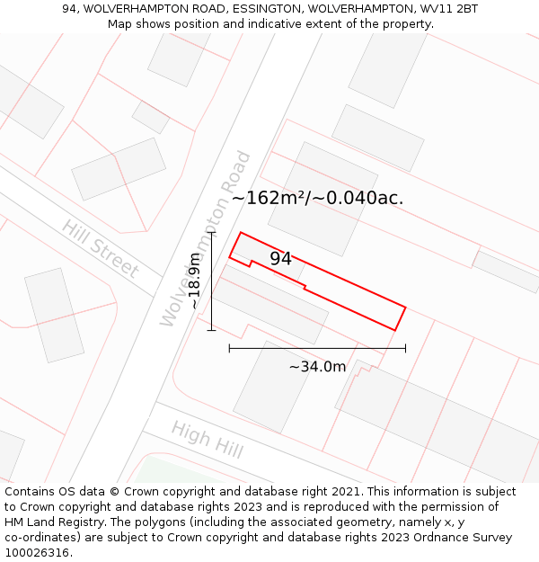 94, WOLVERHAMPTON ROAD, ESSINGTON, WOLVERHAMPTON, WV11 2BT: Plot and title map