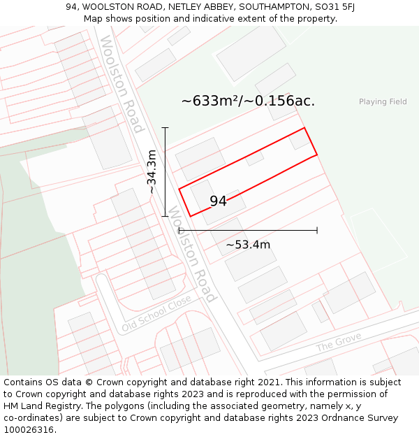 94, WOOLSTON ROAD, NETLEY ABBEY, SOUTHAMPTON, SO31 5FJ: Plot and title map