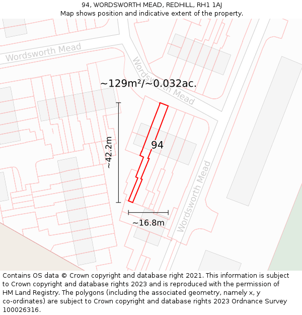 94, WORDSWORTH MEAD, REDHILL, RH1 1AJ: Plot and title map