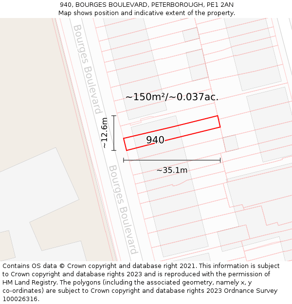 940, BOURGES BOULEVARD, PETERBOROUGH, PE1 2AN: Plot and title map