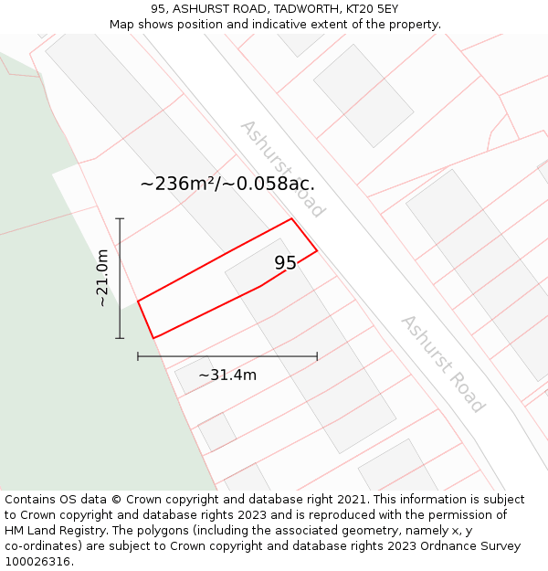 95, ASHURST ROAD, TADWORTH, KT20 5EY: Plot and title map