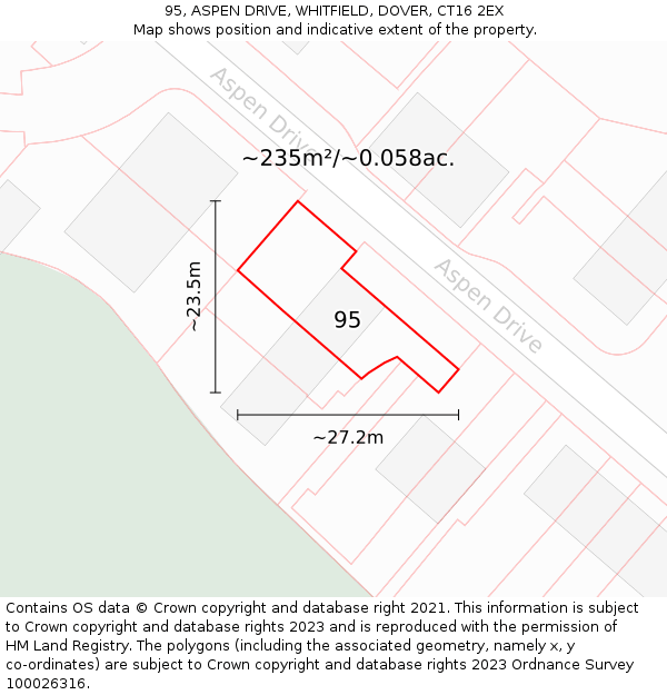 95, ASPEN DRIVE, WHITFIELD, DOVER, CT16 2EX: Plot and title map