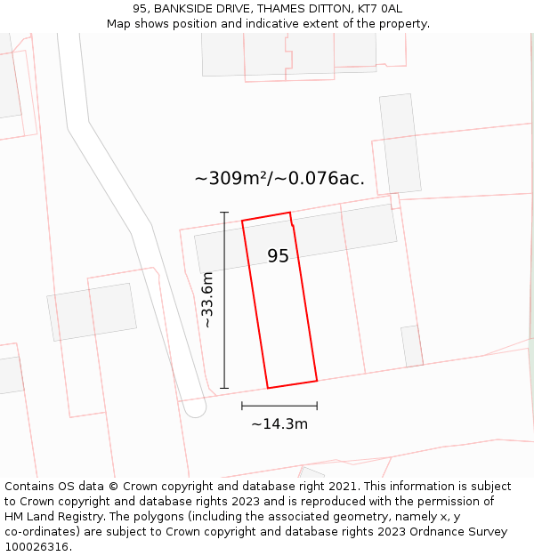 95, BANKSIDE DRIVE, THAMES DITTON, KT7 0AL: Plot and title map