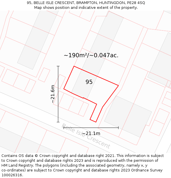 95, BELLE ISLE CRESCENT, BRAMPTON, HUNTINGDON, PE28 4SQ: Plot and title map