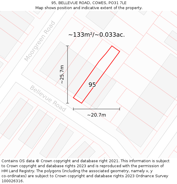 95, BELLEVUE ROAD, COWES, PO31 7LE: Plot and title map