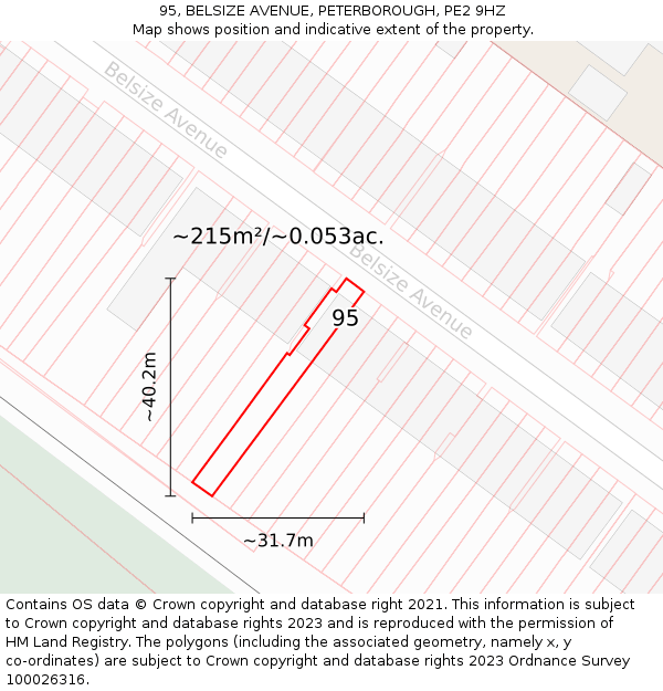 95, BELSIZE AVENUE, PETERBOROUGH, PE2 9HZ: Plot and title map