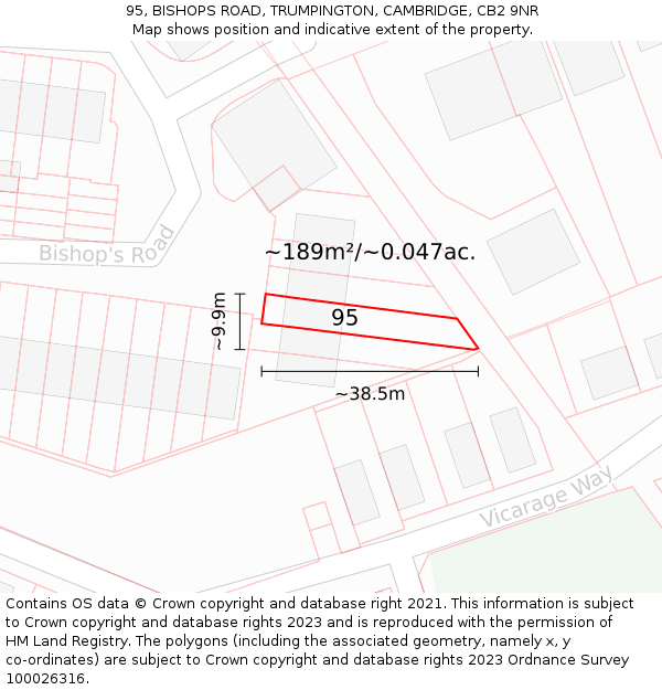95, BISHOPS ROAD, TRUMPINGTON, CAMBRIDGE, CB2 9NR: Plot and title map