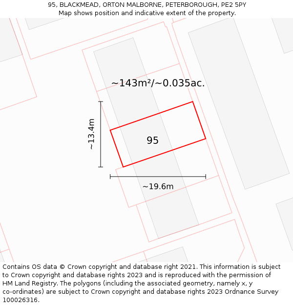 95, BLACKMEAD, ORTON MALBORNE, PETERBOROUGH, PE2 5PY: Plot and title map