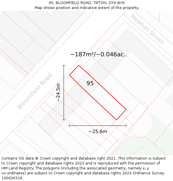 95, BLOOMFIELD ROAD, TIPTON, DY4 9HS: Plot and title map