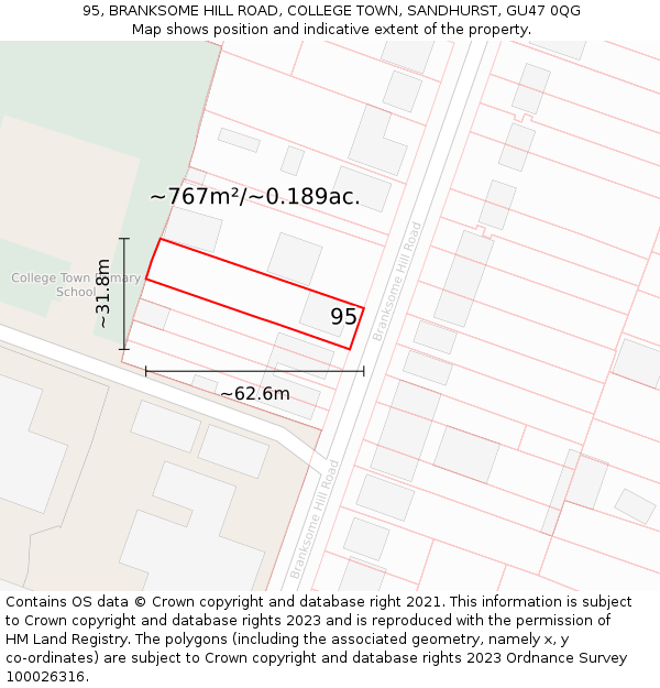 95, BRANKSOME HILL ROAD, COLLEGE TOWN, SANDHURST, GU47 0QG: Plot and title map