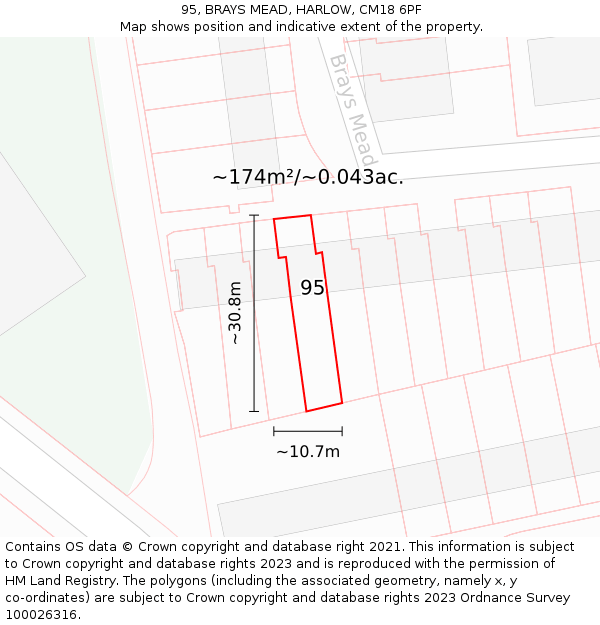 95, BRAYS MEAD, HARLOW, CM18 6PF: Plot and title map