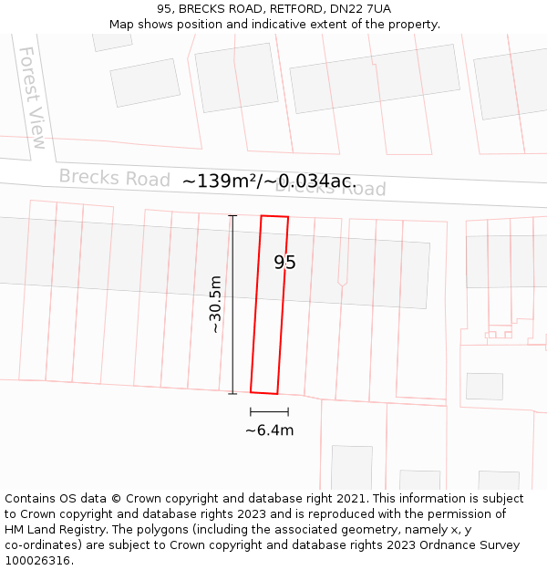 95, BRECKS ROAD, RETFORD, DN22 7UA: Plot and title map