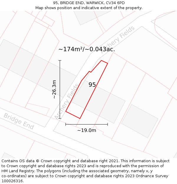 95, BRIDGE END, WARWICK, CV34 6PD: Plot and title map