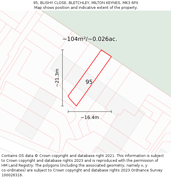 95, BUSHY CLOSE, BLETCHLEY, MILTON KEYNES, MK3 6PX: Plot and title map