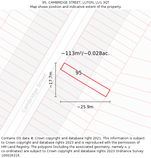 95, CAMBRIDGE STREET, LUTON, LU1 3QT: Plot and title map