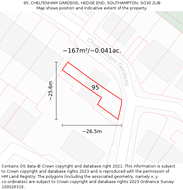 95, CHELTENHAM GARDENS, HEDGE END, SOUTHAMPTON, SO30 2UB: Plot and title map