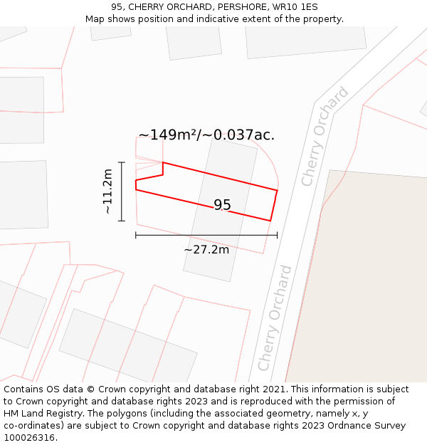95, CHERRY ORCHARD, PERSHORE, WR10 1ES: Plot and title map