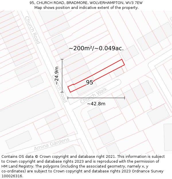 95, CHURCH ROAD, BRADMORE, WOLVERHAMPTON, WV3 7EW: Plot and title map