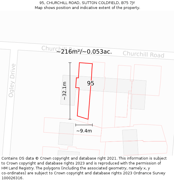 95, CHURCHILL ROAD, SUTTON COLDFIELD, B75 7JY: Plot and title map