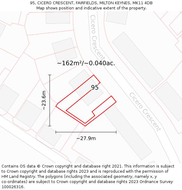 95, CICERO CRESCENT, FAIRFIELDS, MILTON KEYNES, MK11 4DB: Plot and title map