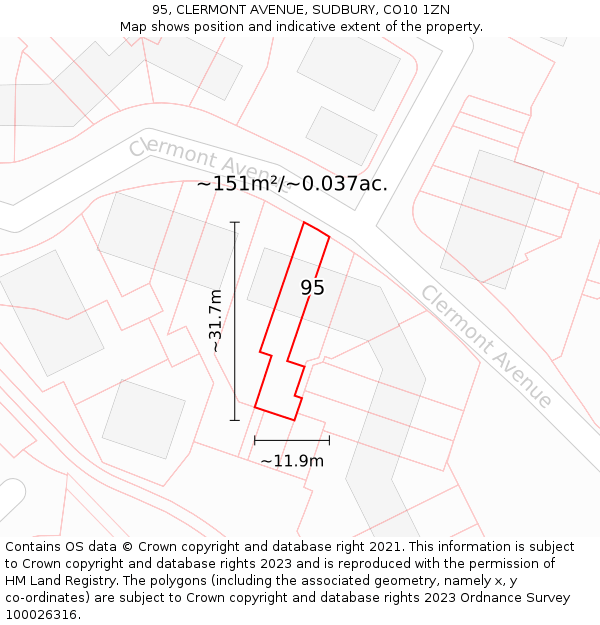 95, CLERMONT AVENUE, SUDBURY, CO10 1ZN: Plot and title map