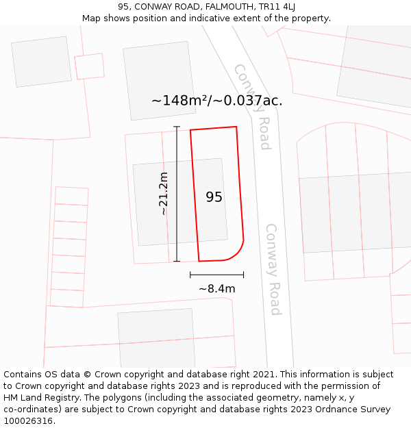 95, CONWAY ROAD, FALMOUTH, TR11 4LJ: Plot and title map