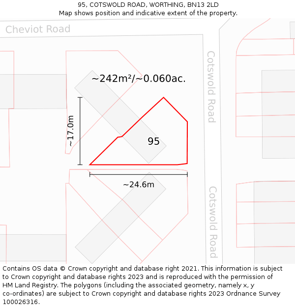 95, COTSWOLD ROAD, WORTHING, BN13 2LD: Plot and title map