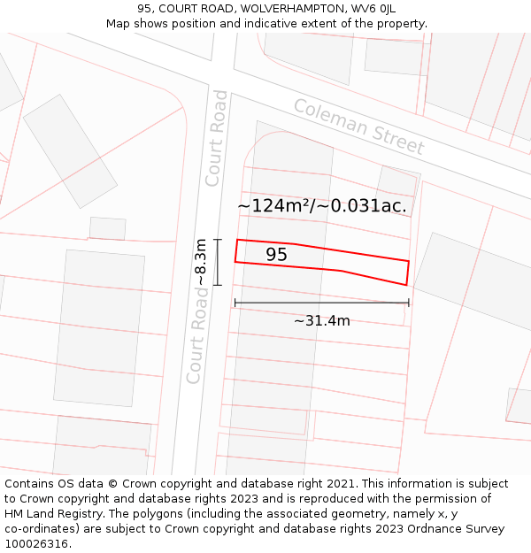 95, COURT ROAD, WOLVERHAMPTON, WV6 0JL: Plot and title map